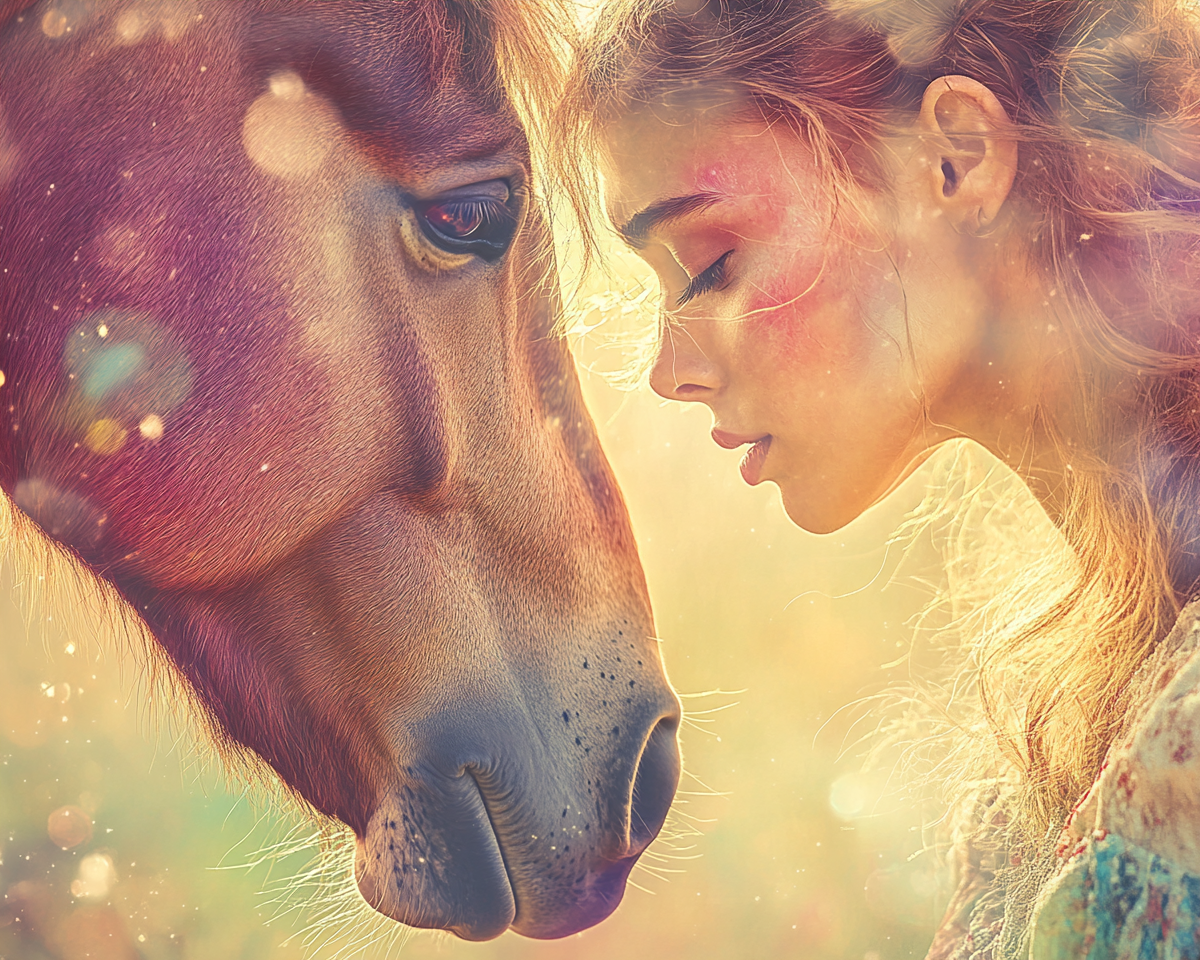 Woman gazes into horizon with horse by her side.