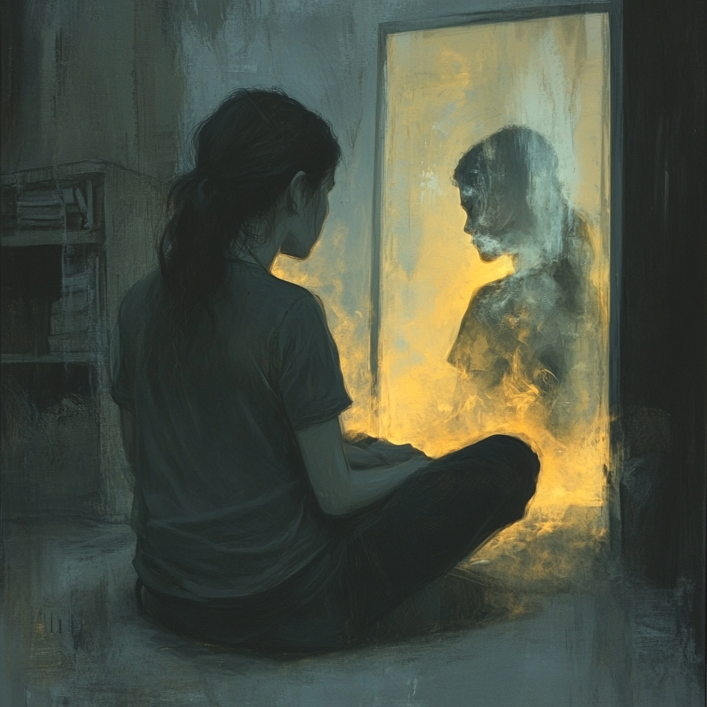 Woman gazes into mirror at her comforting spirit.