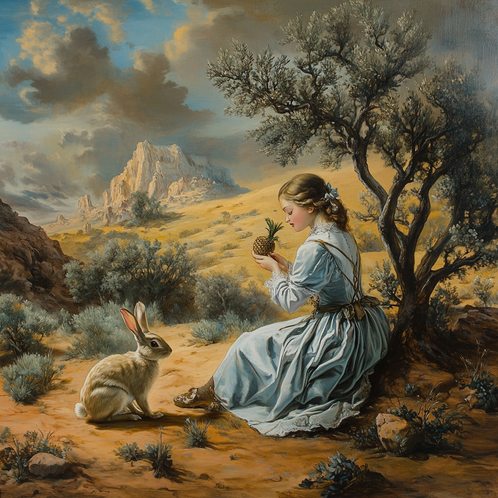 Woman giving message to rabbit in desert setting.