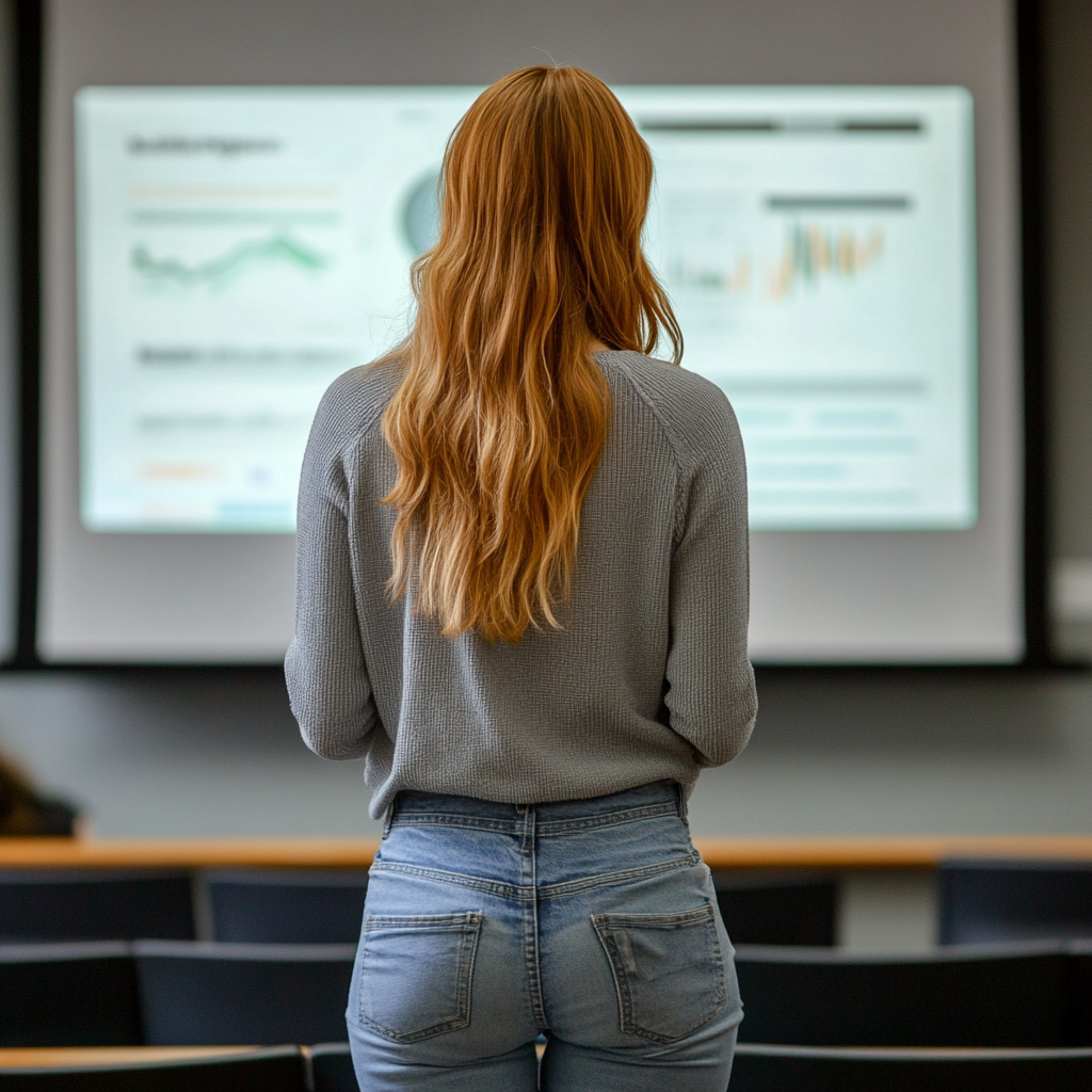 Woman gray cardigan jeans presentation statistics graphs cinema viewing.