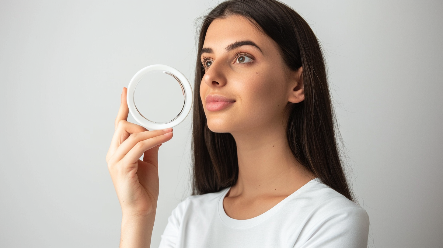 Woman holding 23cm half-circle device, white background, epic mood