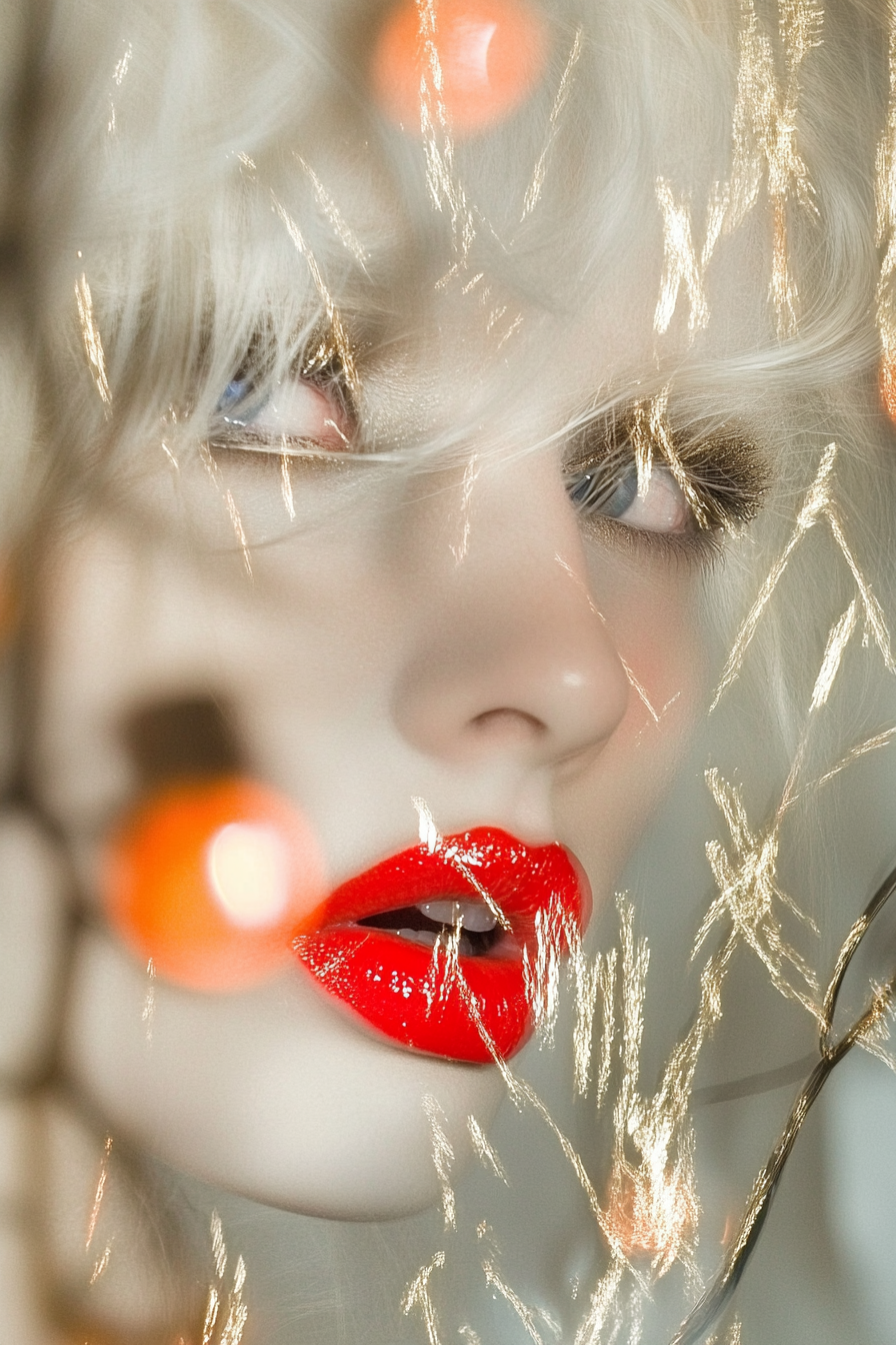 Woman holding flowers with shiny highlights, chaotic motion blur.