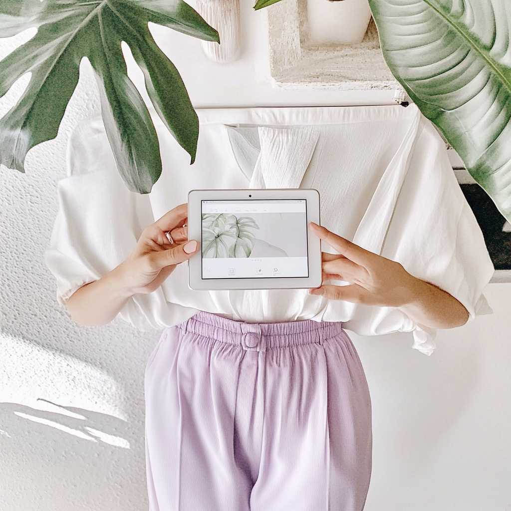 Woman holding iPad with autumn feed, white shirt.