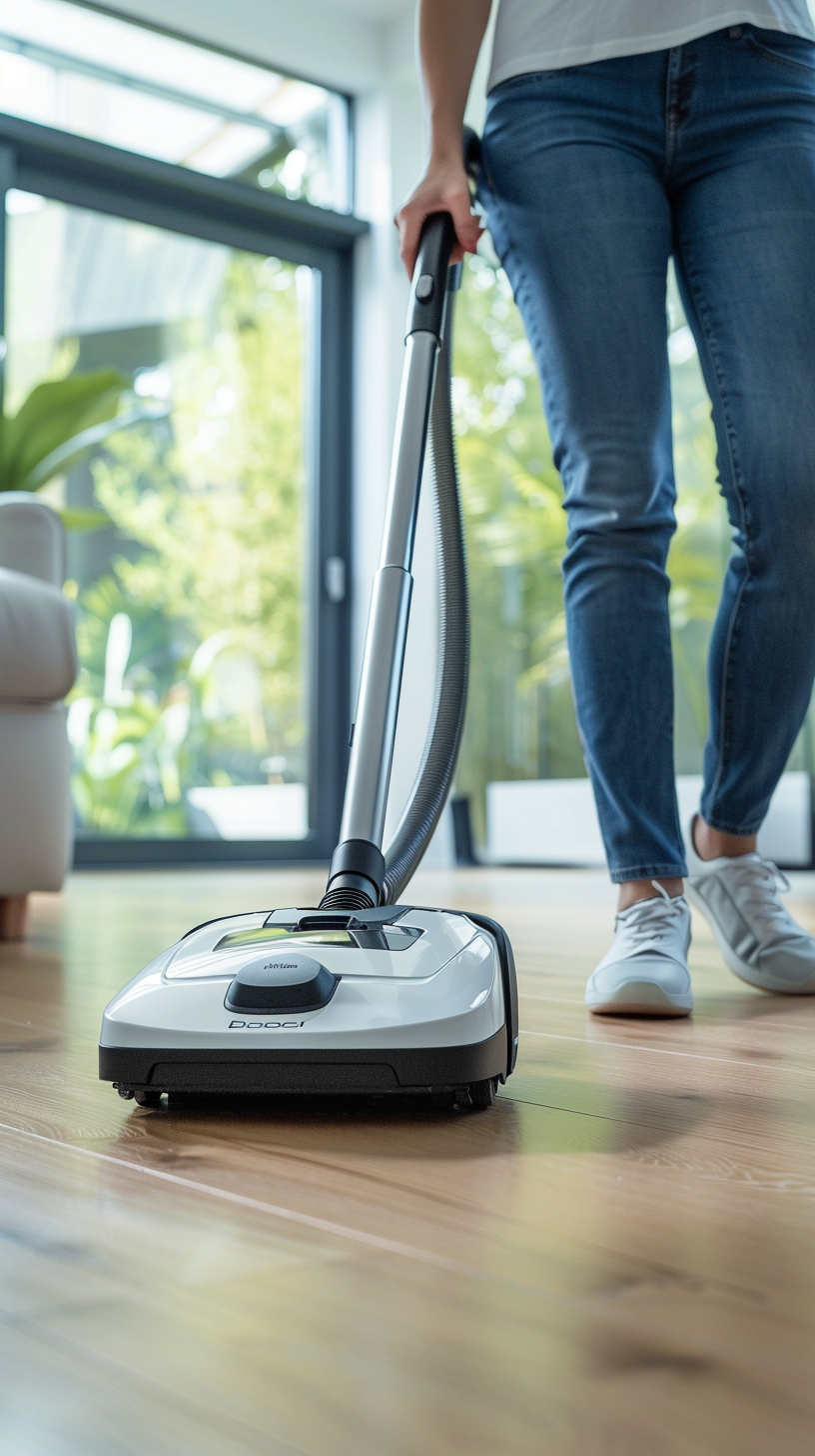 Woman holding modern Bosch vacuum cleaner in bright living room.