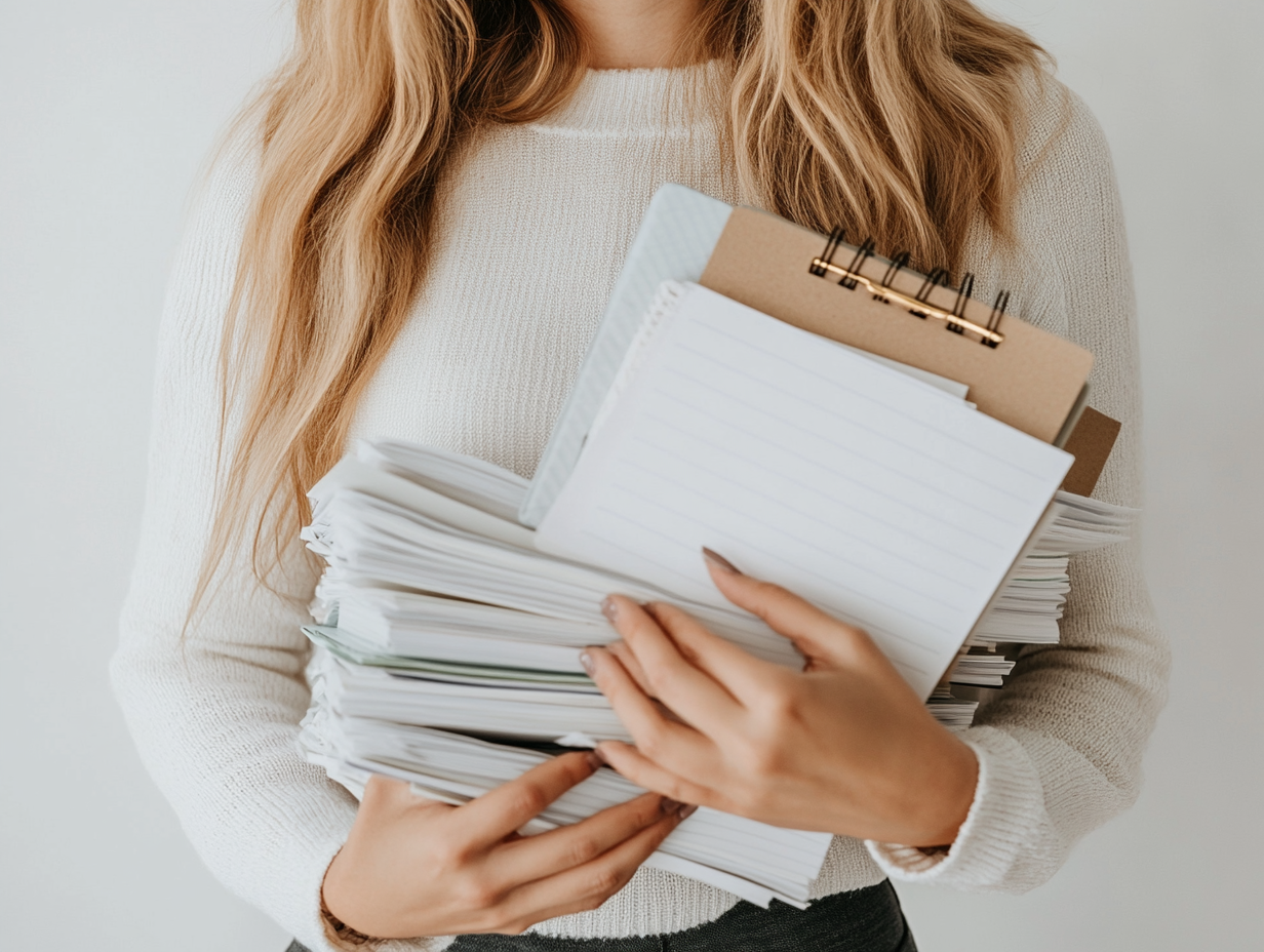 Woman holding papers and planner, clean, professional photography.