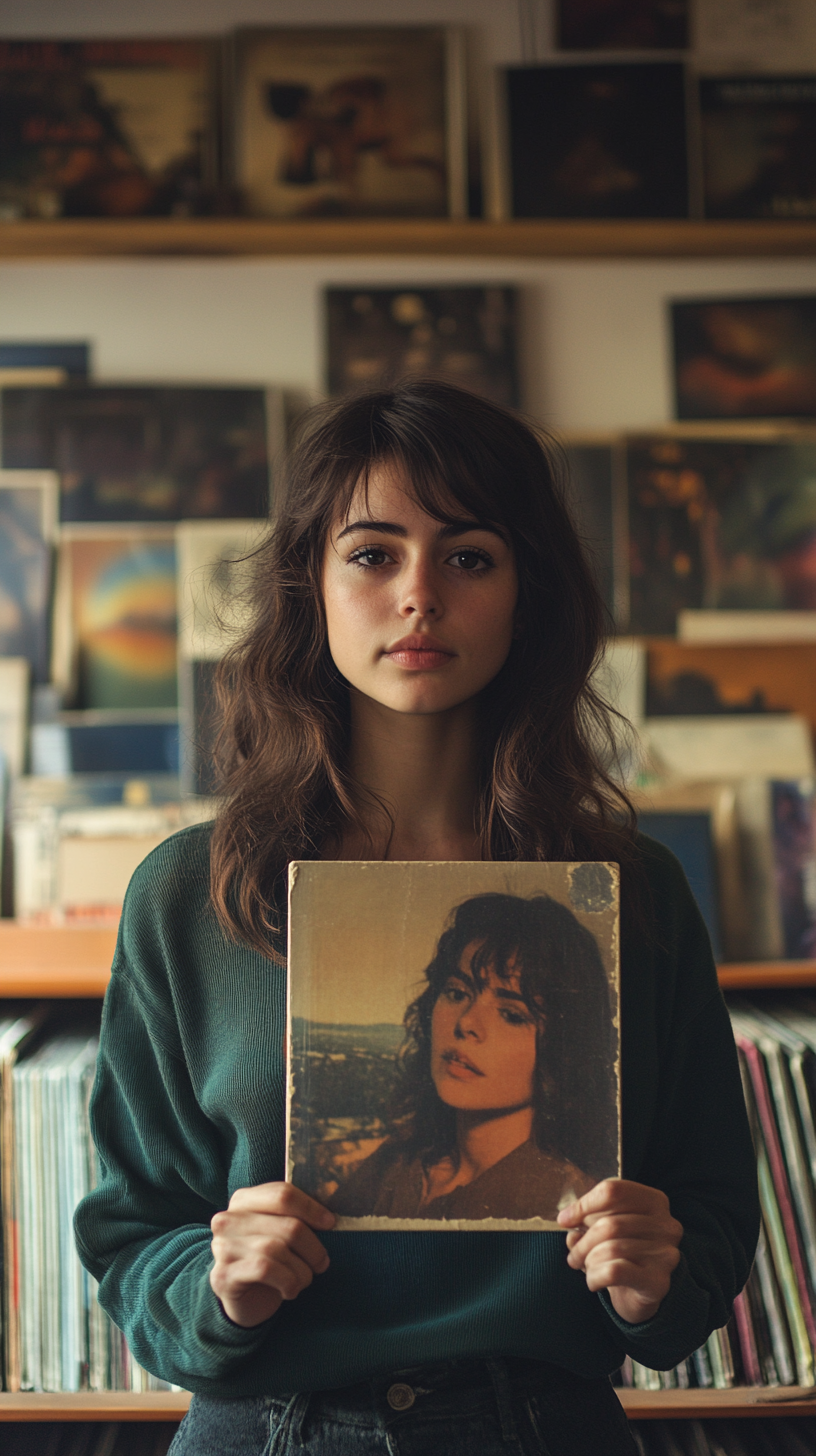 Woman holds album cover perfectly aligned with face