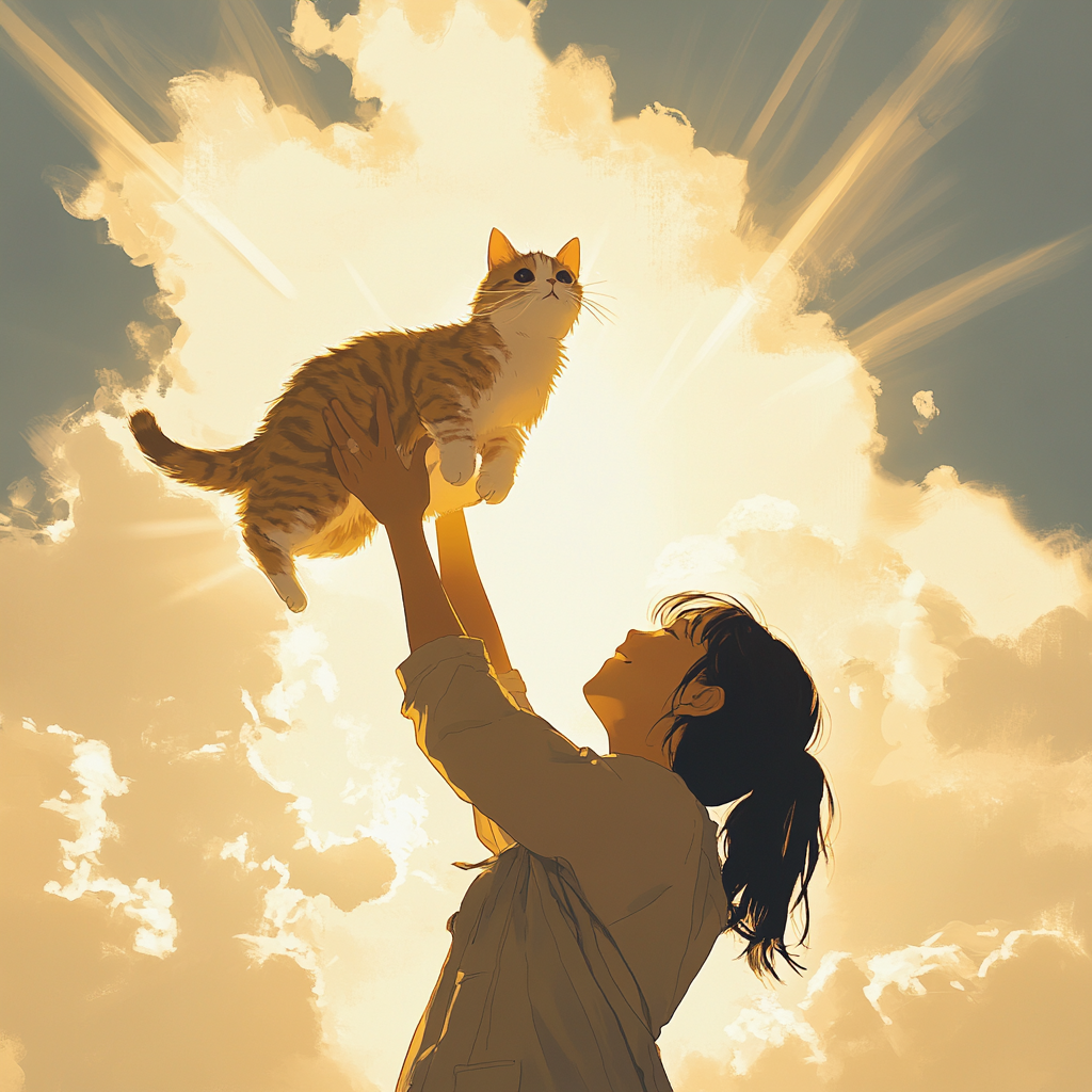 Woman holds cat under sunlight in heartfelt scene