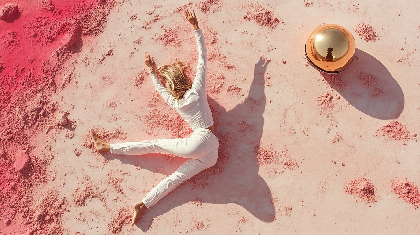 Woman in 40s in spacesuit does yoga on pink beach