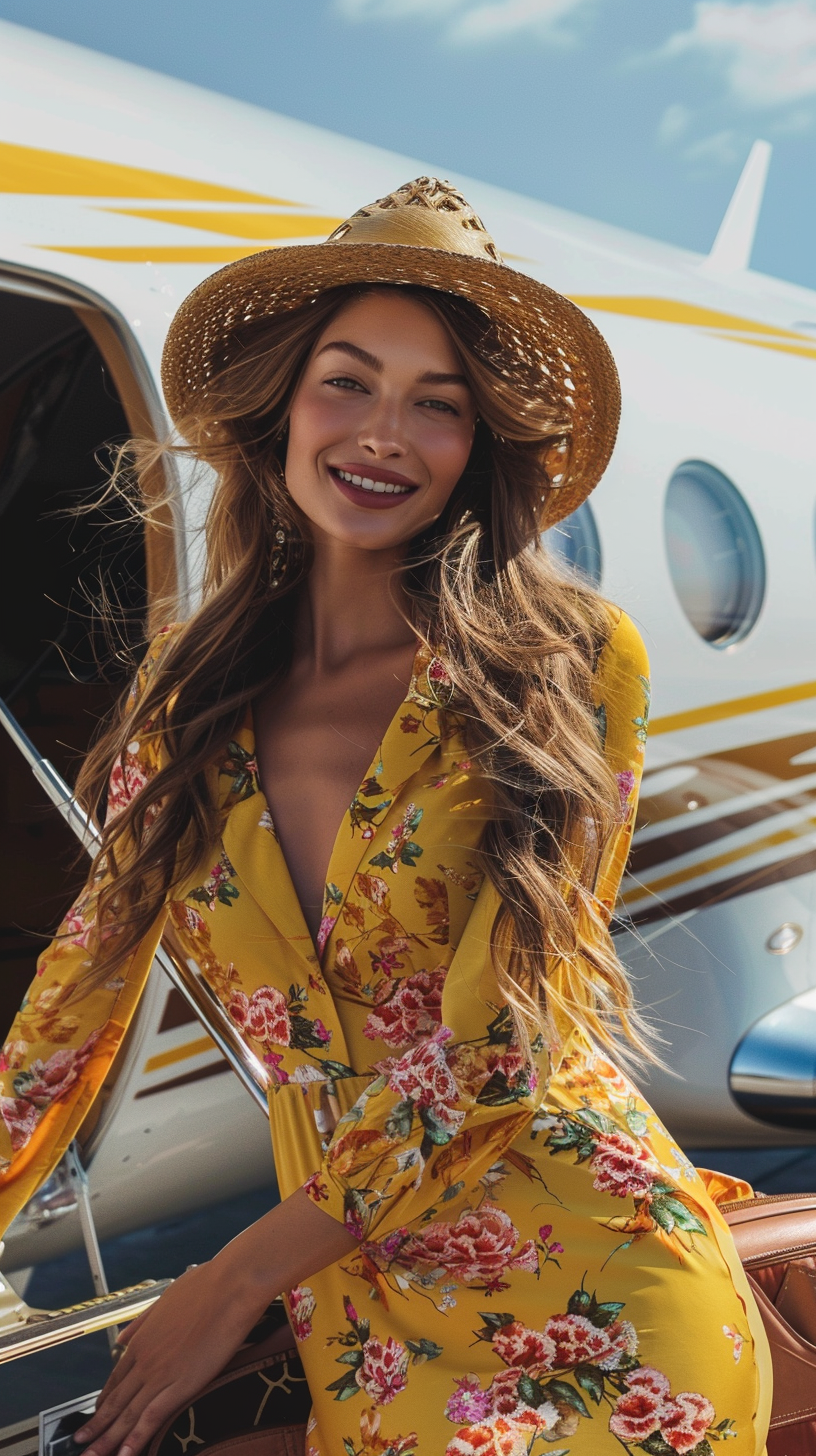 Woman in Gigi Hadid style, boarding plane happily.