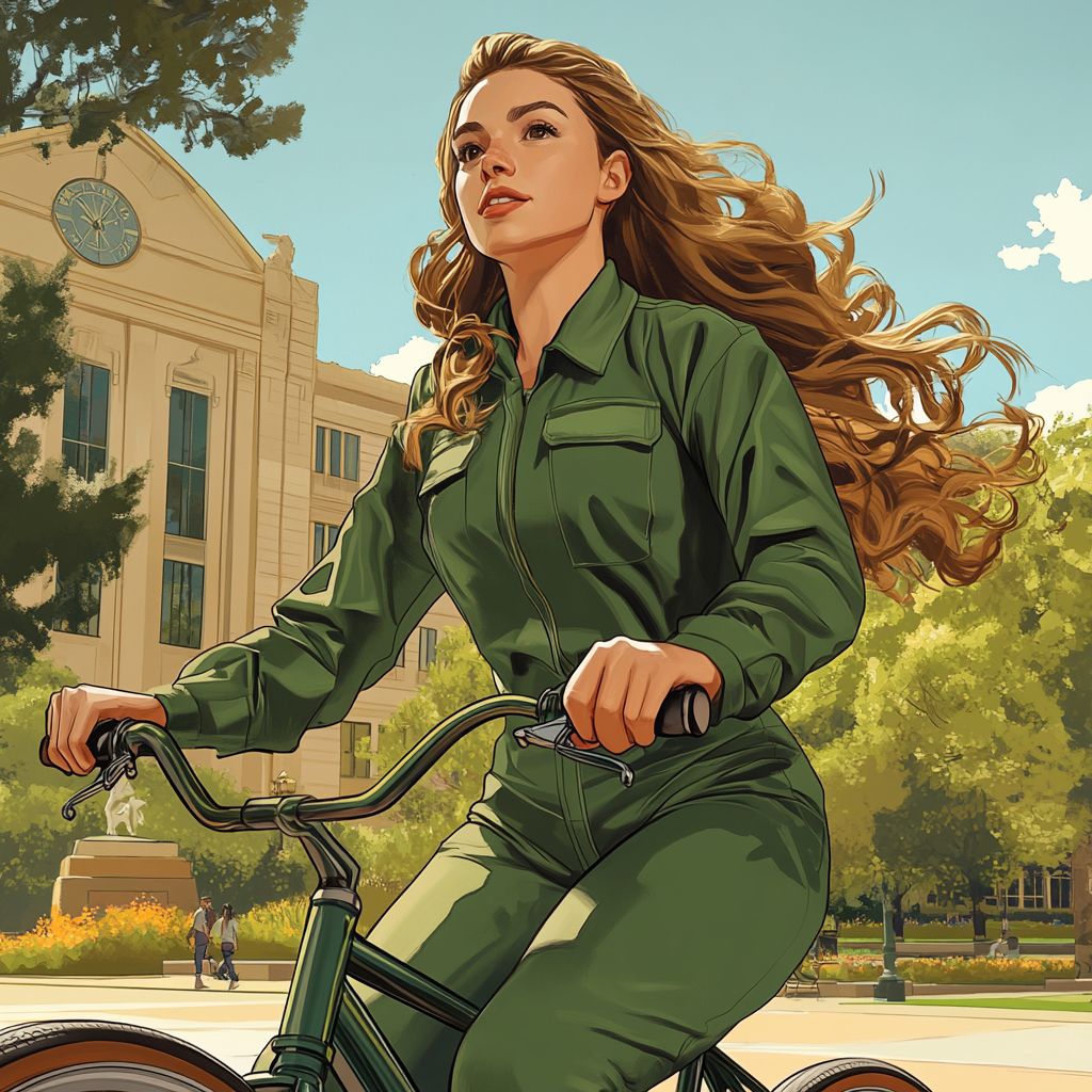 Woman in Green Jumpsuit Riding Bike at UC Davis