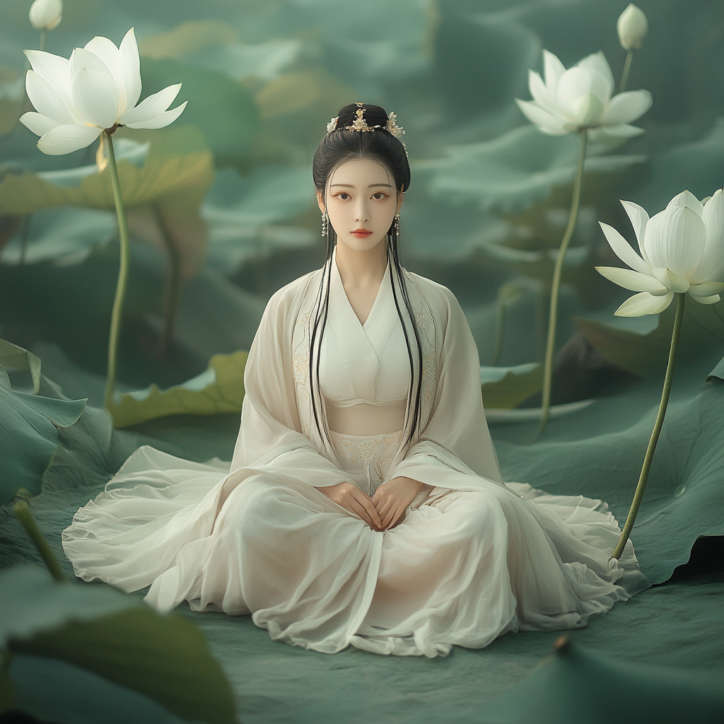 Woman in Hanfu on lotus leaf, surrealistic, mysterious atmosphere.