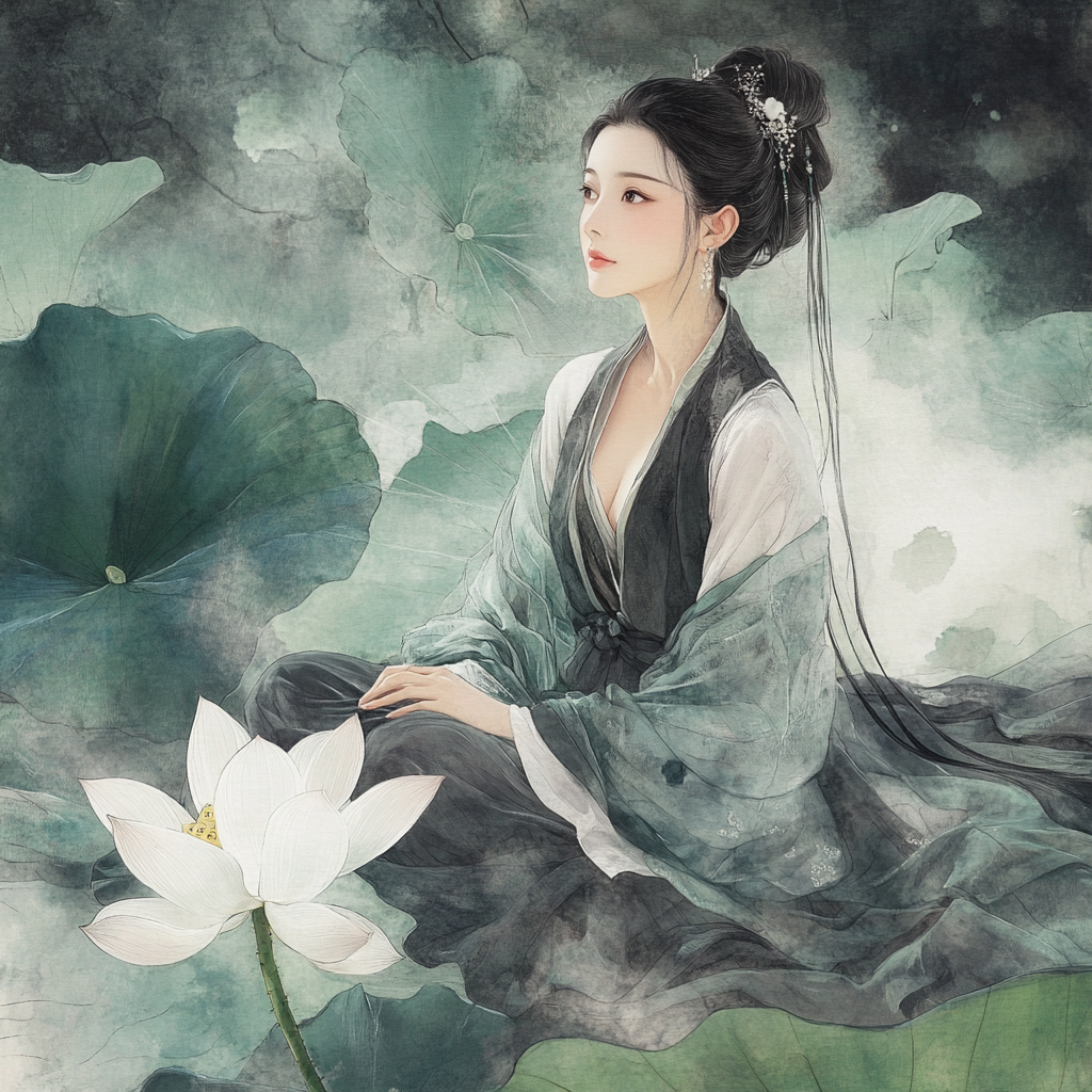 Woman in Hanfu on lotus leaf, with Chinese painting style.