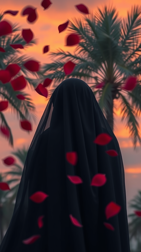 Woman in Hijab Amidst Windy, Sunset Rose Leaf Storm