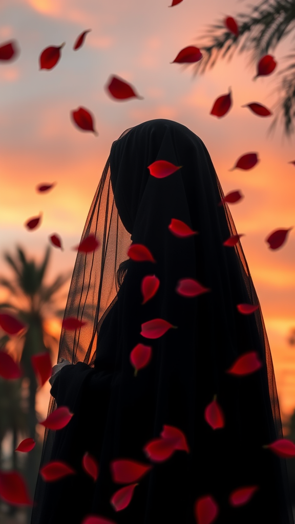 Woman in Hijab Amidst Windy Rose Leaf Sunset