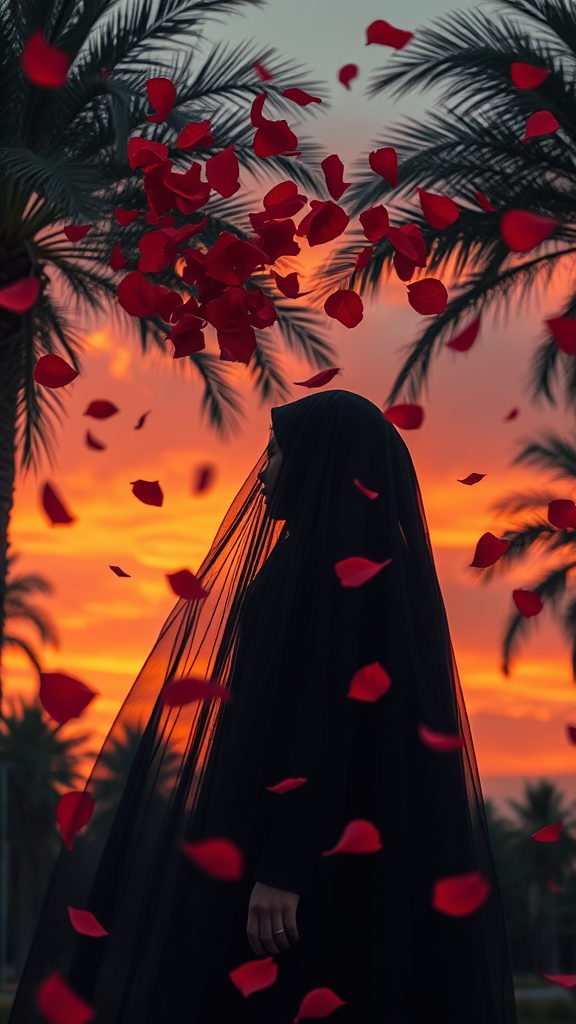 Woman in Hijab Amongst Flying Rose Leaves at Sunset