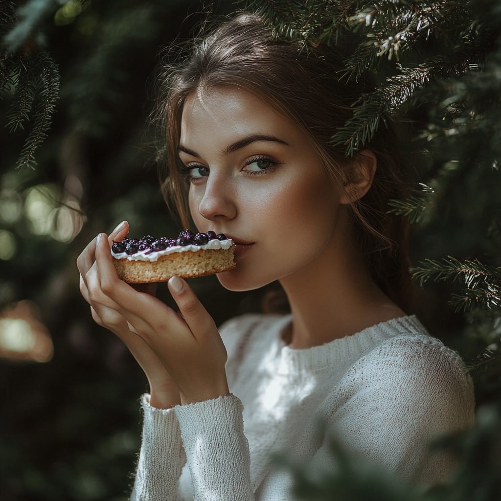 Woman in Nature Enjoying Blueberry Almond Friand