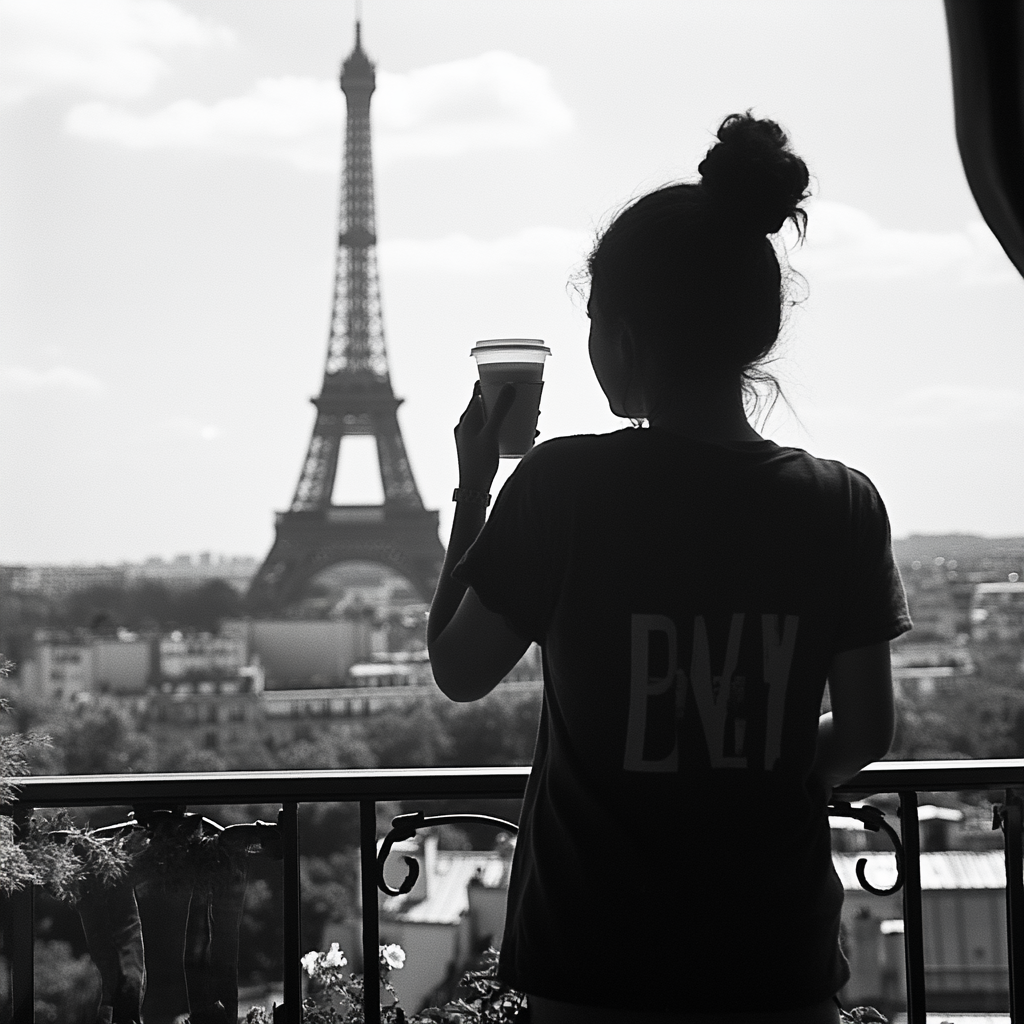 Woman in Paris apartment with Eiffel Tower view drinking coffee