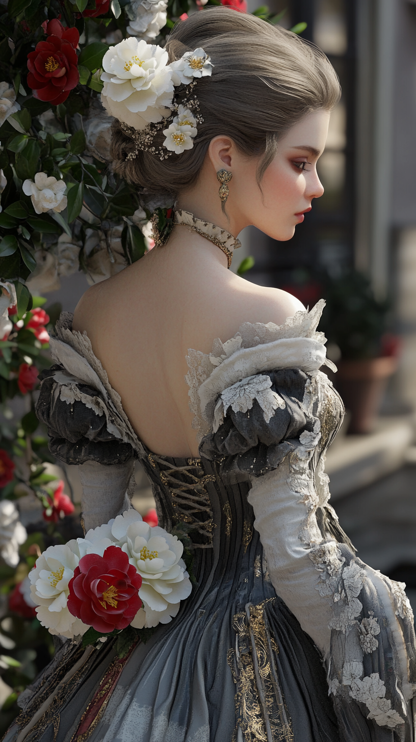 Woman in Paris with pale skin, elegant fashion.