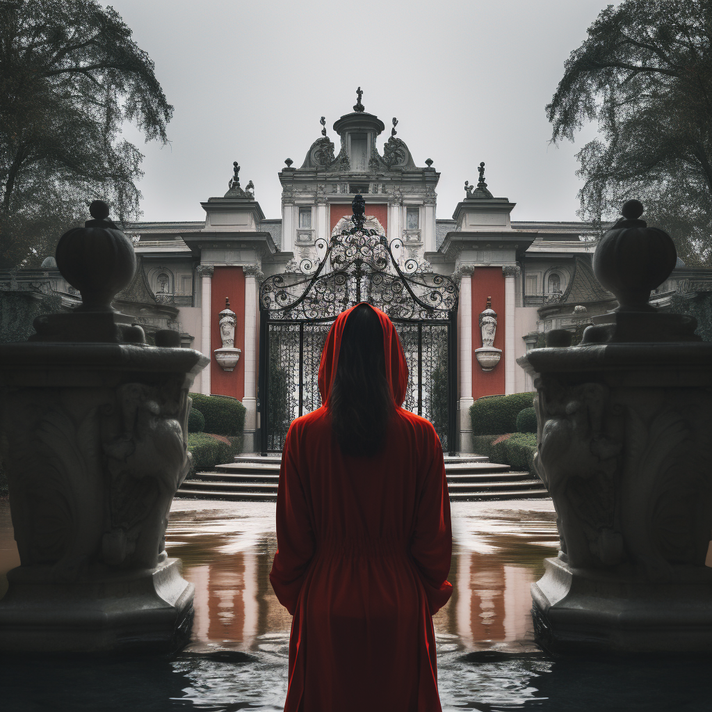 woman-red-robe-mansion-gates