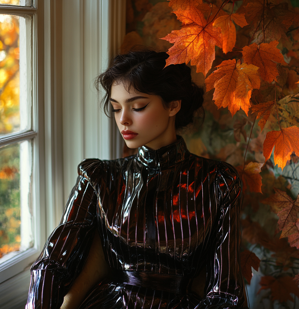 Woman in Silk Dress Sitting by Autumn Window