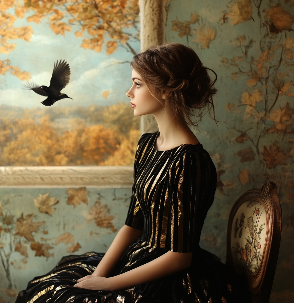 Woman in Silk Dress with Bird Flying Outside Window