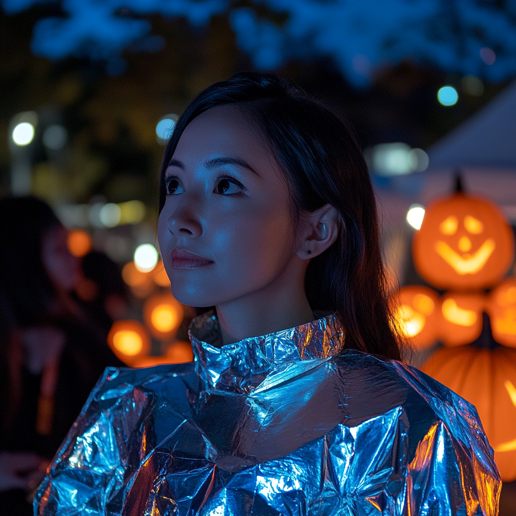 Woman in aluminum foil costume at Halloween party