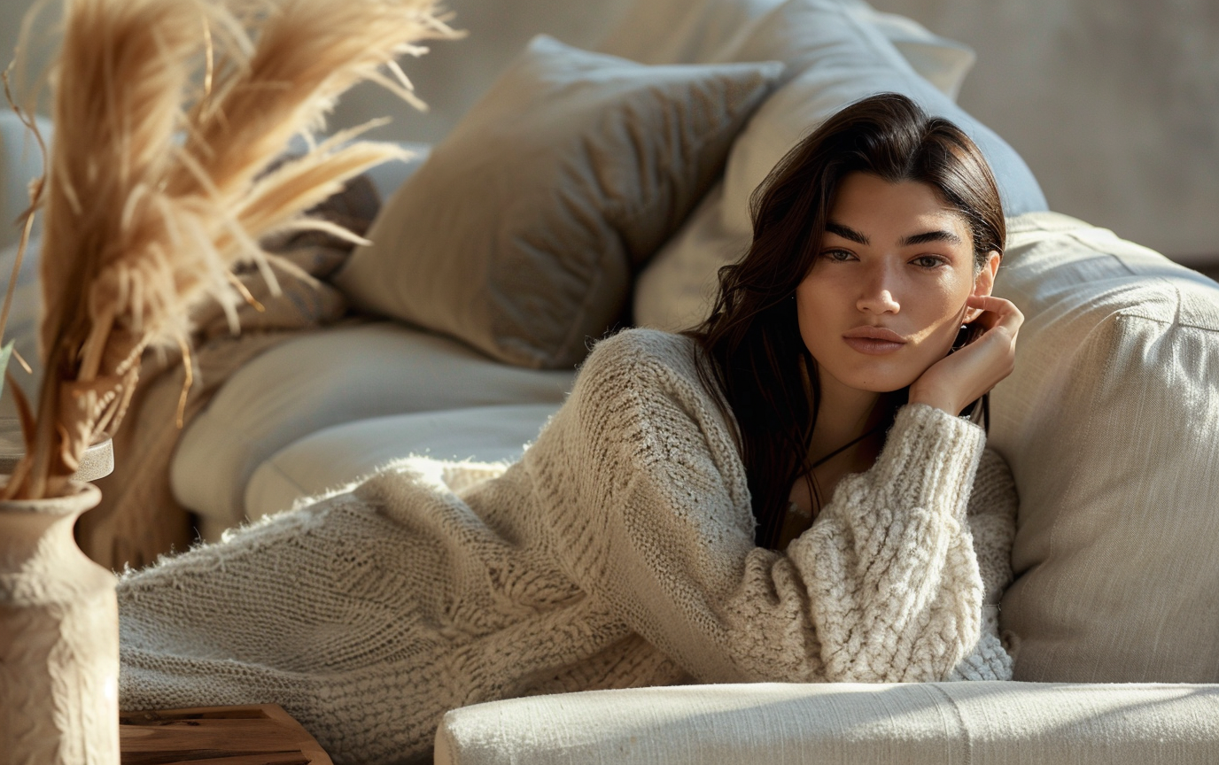 Woman in beige sweater lying peacefully on soft rug