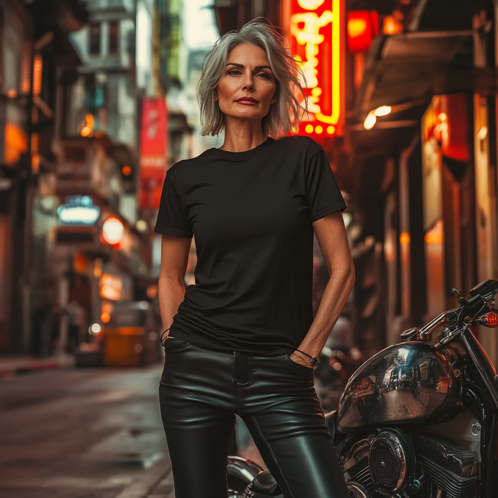 Woman in black T-shirt confidently stands on street.