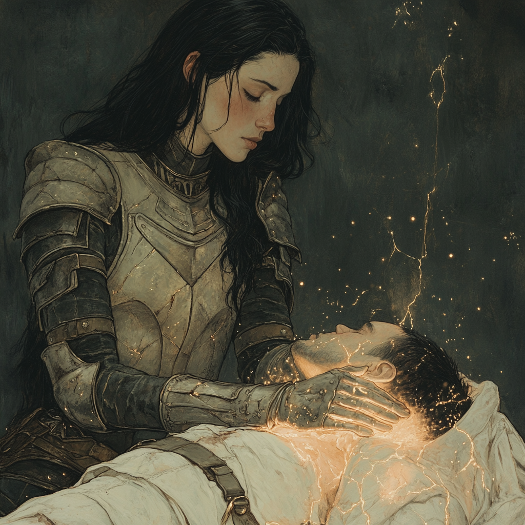 Woman in black armor healing wounded soldier with glowing hands.