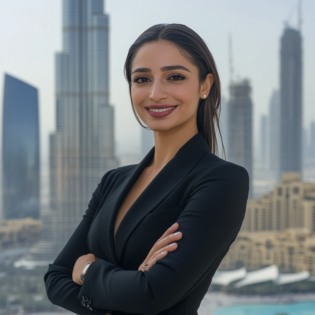 Woman in black suit poses with Burj Khalifa. Smiling confidently.