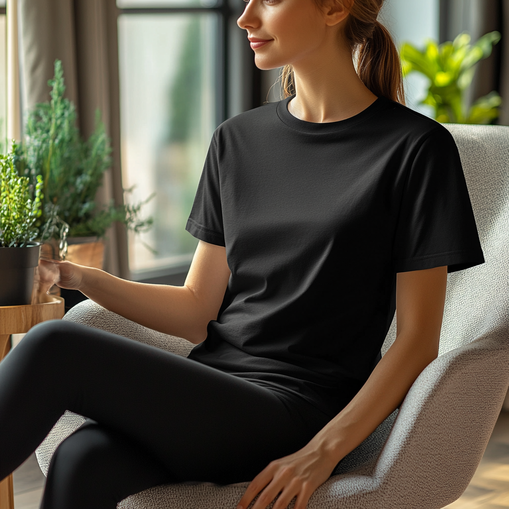 Woman in black t-shirt relaxes in cozy room.