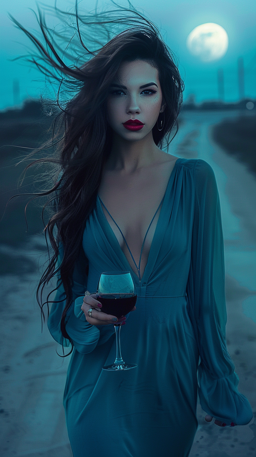 Woman in blue dress with red lips walks alone.