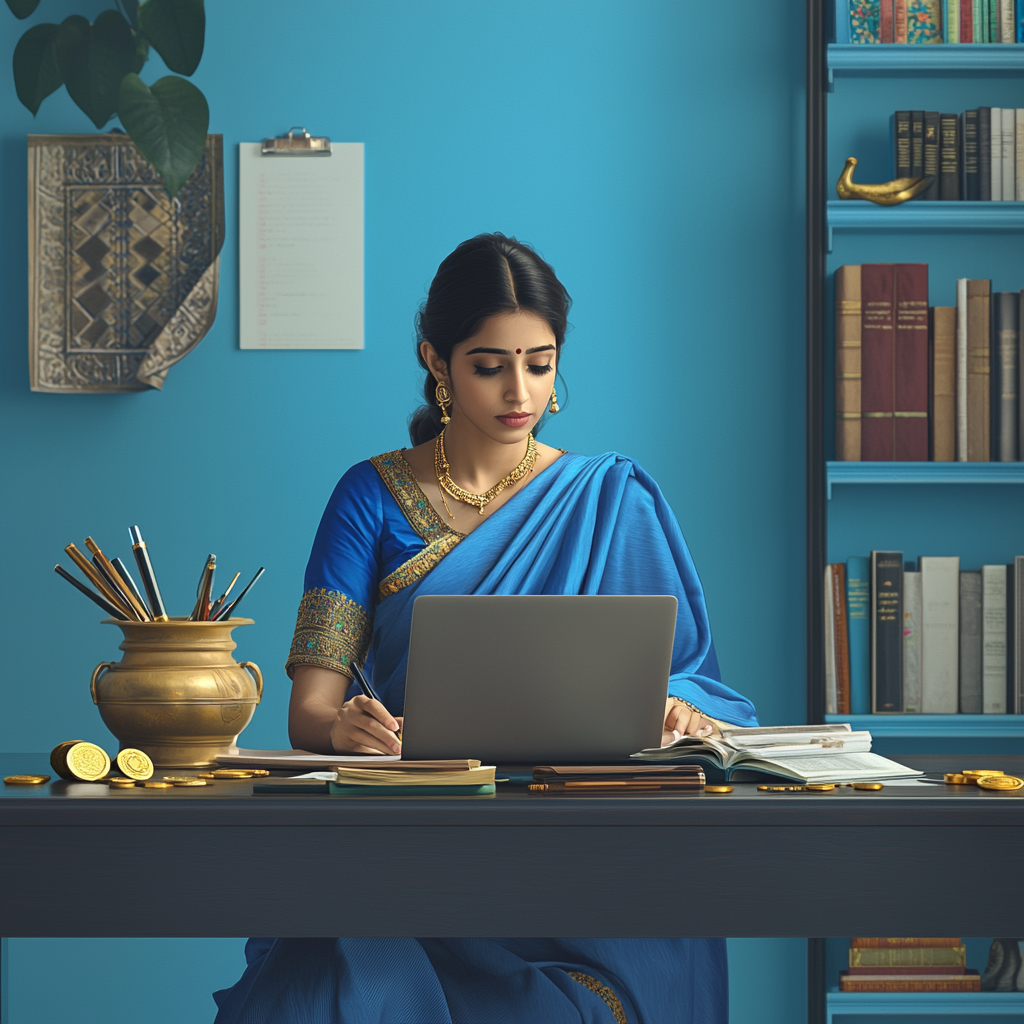 Woman in blue sari writing novel on laptop.