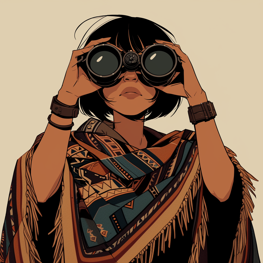 Woman in bob-cut, poncho, using binoculars in comic style.