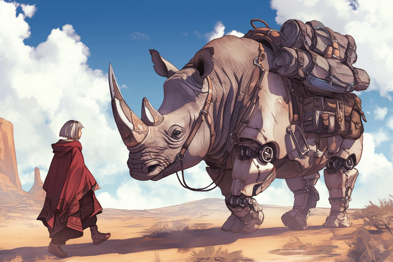 Woman in bob haircut and poncho walking with rhinoceros with robot parts.