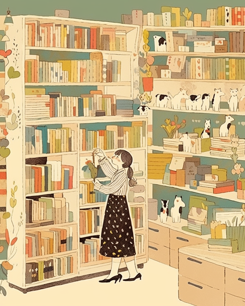 Woman in bookstore looking for book, cute illustration style.