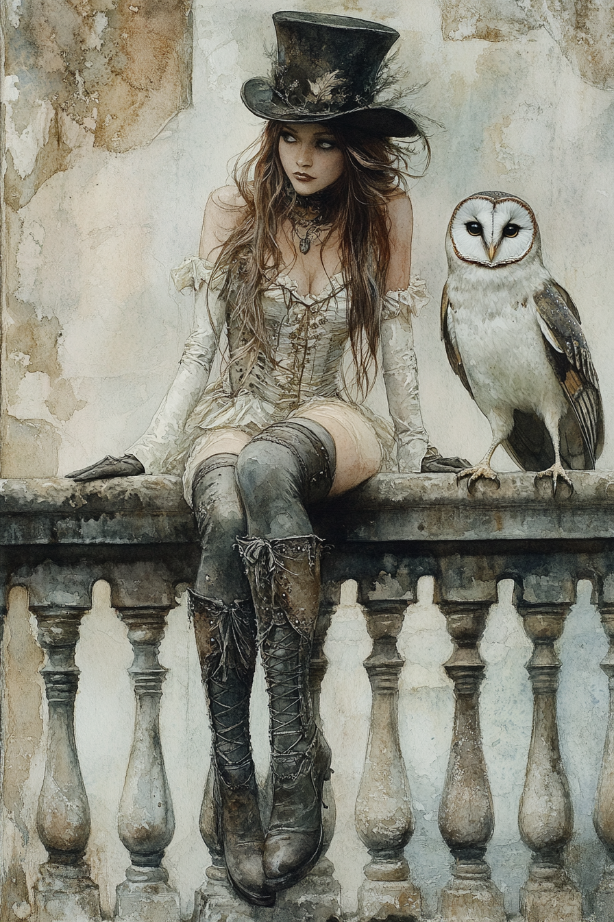 Woman in boots and top hat on balcony with owl.