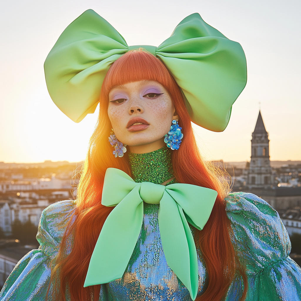 Woman in bright red hair and avant-garde outfit.