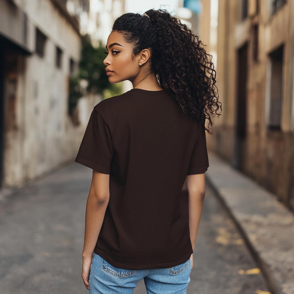 Woman in brown t-shirt in urban setting. Modeling mock-up.