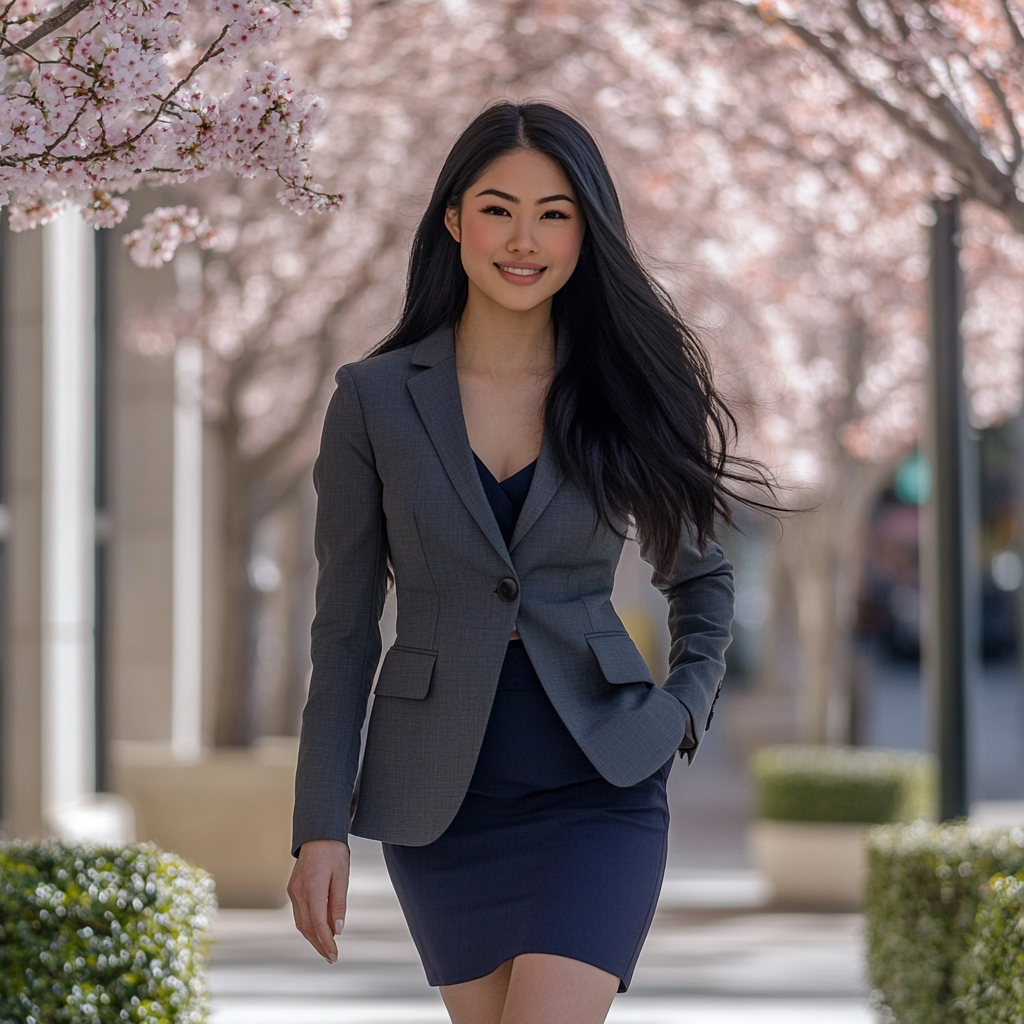 Woman in business district with cherry blossoms.