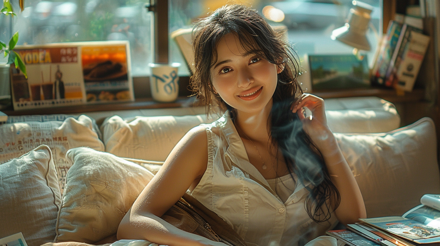 Woman in cafe in school uniform smiling by window.