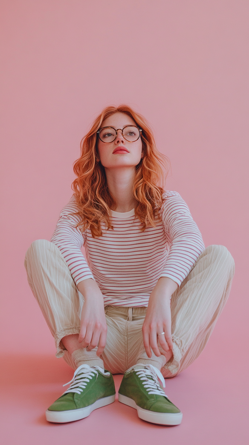 Woman in casual outfit sitting on pink background.