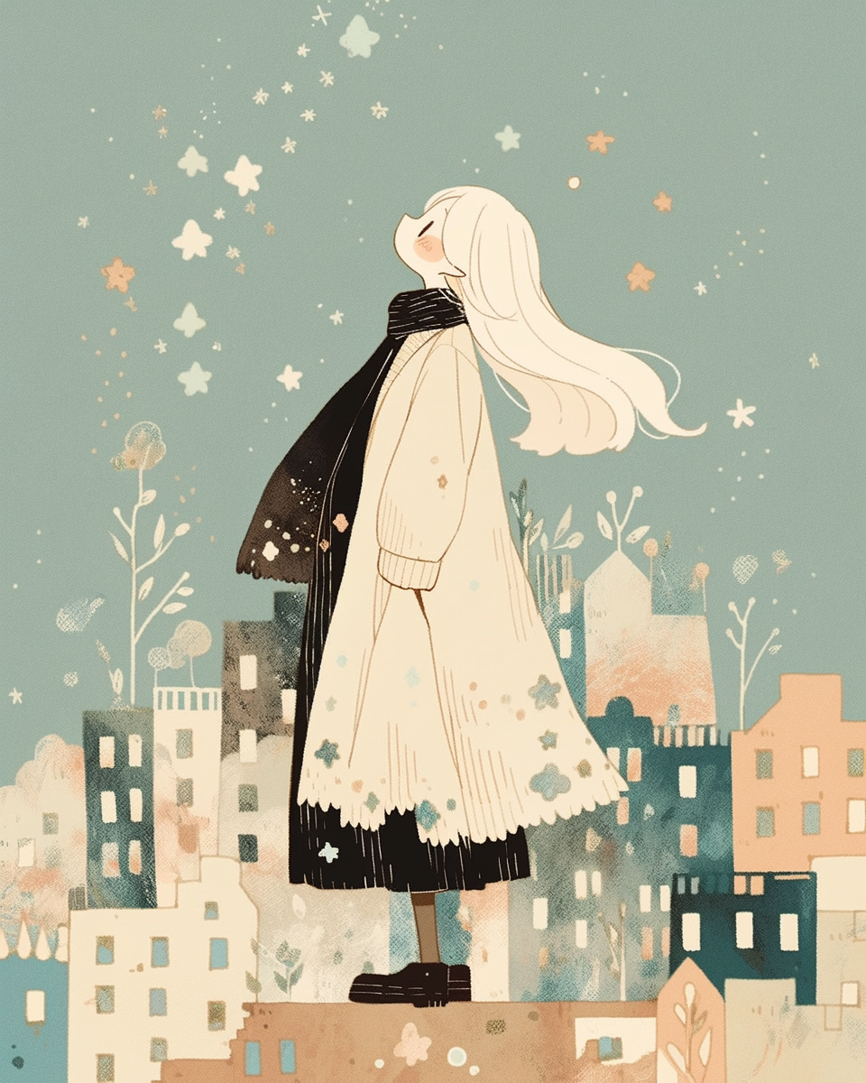 Woman in city looking up at sky illustration style.