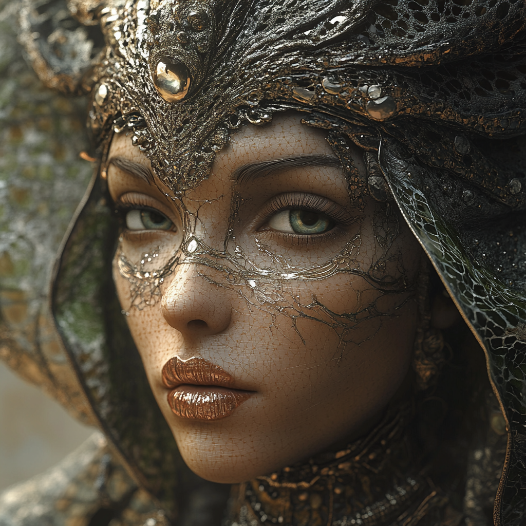 Woman in desert, detailed metallic face portrait, trending art.