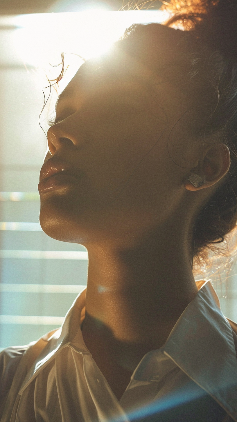 Woman in designer fashion campaign photo with eerie lighting.