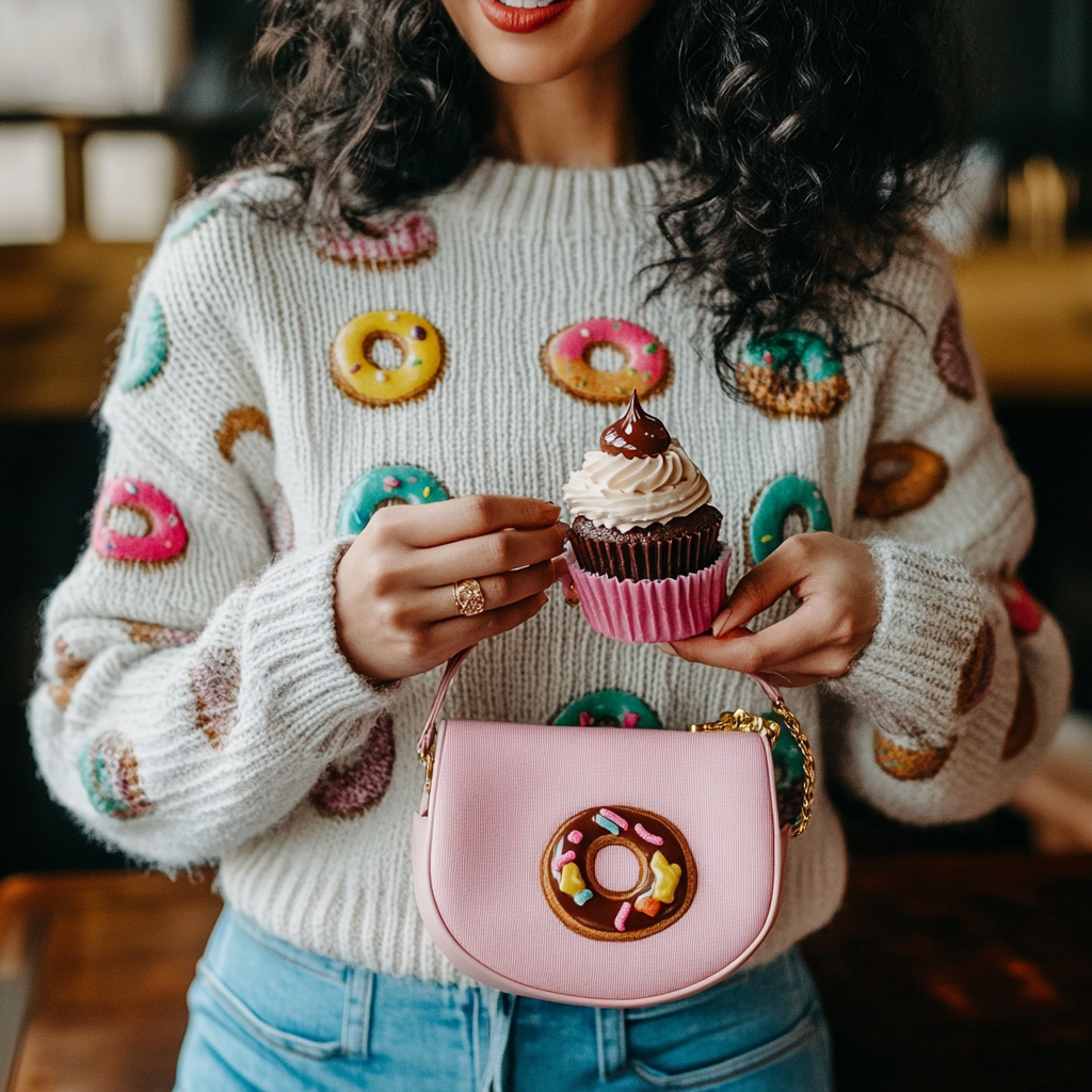 Woman in donut sweater pulls cupcake from purse.