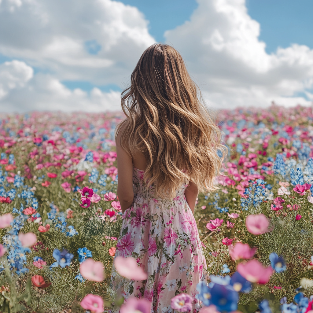 Woman in floral dress with wavy hair in field.