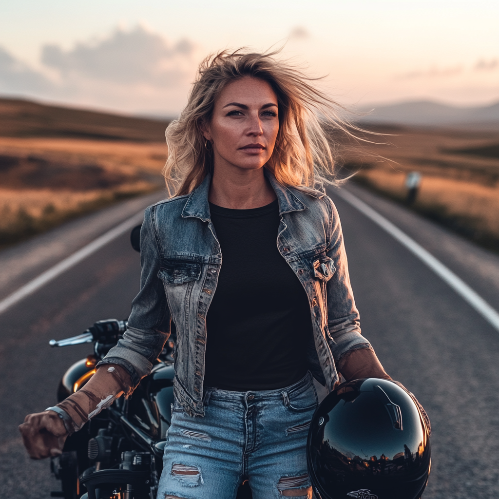 Woman in full black blank t-shirt, motorcycle, sunset