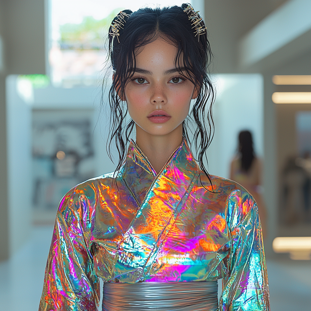 Woman in futuristic kimono with holographic material, hairpins.