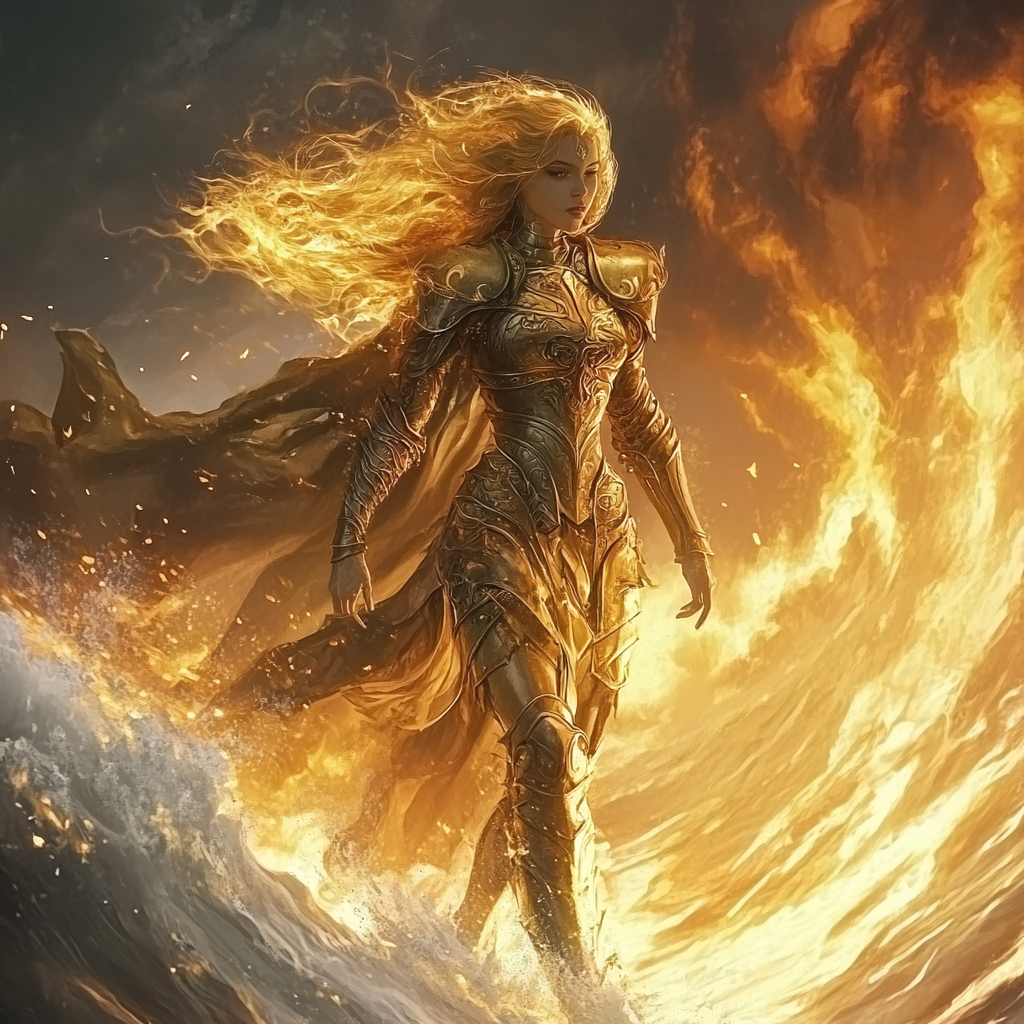 Woman in golden armor stopping wave with flames.